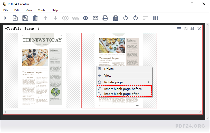 Menu clic droit de PDF24 Creator pour insérer des pages vierges