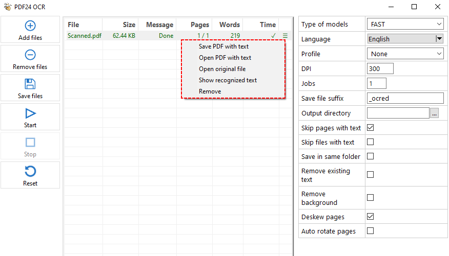 PDF24 OCR settings panel for scanned PDFs
