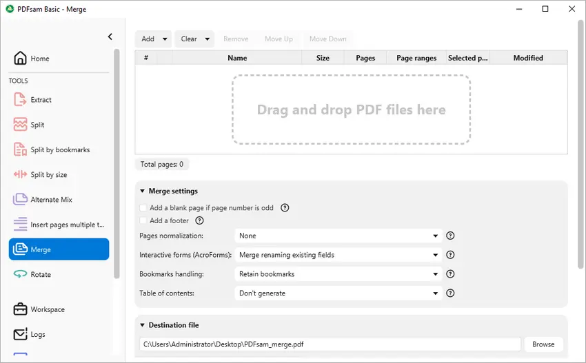 Interfaz de unión de PDFsam Basic