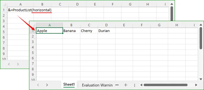 Excel row 1 populated with data using the horizontal marker parameter