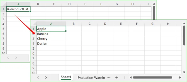 Excel column A populated with data from an array data source