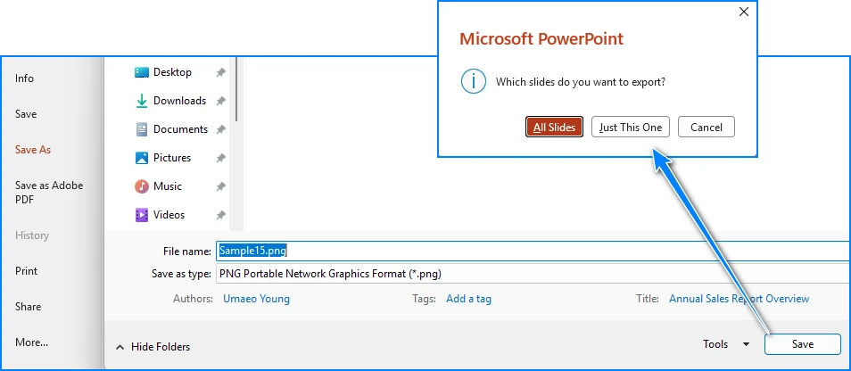 Finestra di dialogo Salva con nome di PowerPoint con PNG selezionato e il prompt 'Tutte le diapositive / Solo questa'