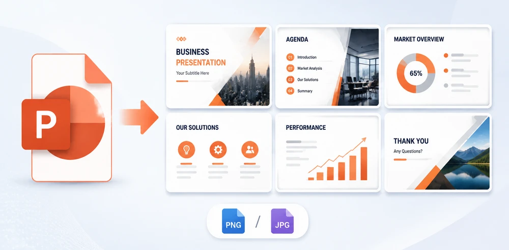 Una griglia di diapositive PowerPoint esportate come miniature di immagini PNG o JPG separate