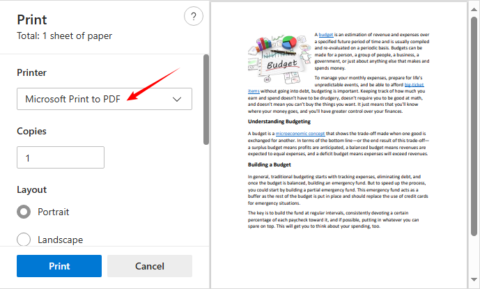 Microsoft Print to PDF option in Windows print settings
