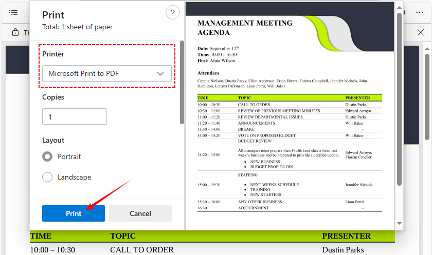 Print to PDF dialog in Microsoft Edge