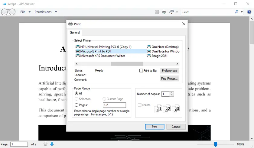Print XPS to PDF on Windows