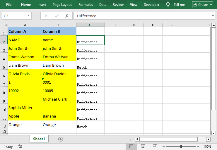 Saída do script Python para comparar colunas