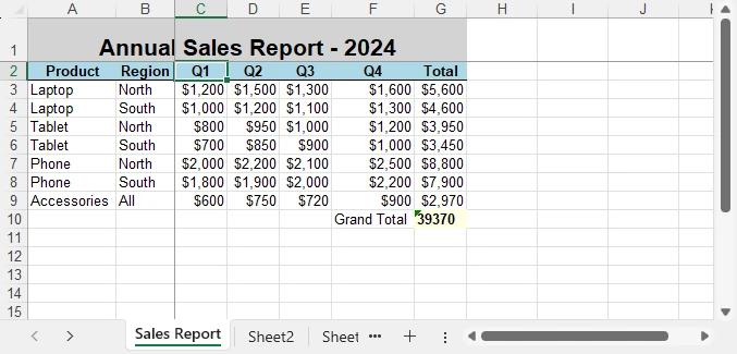 Annual Excel sales report with a styled title, bold headers, regional breakdown, currency formatting, highlighted grand total, and frozen panes
