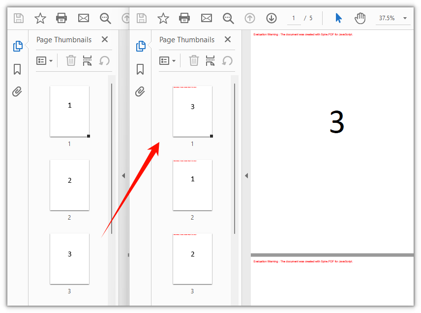 The document after the third page is moved to the front and the remaining pages shift down