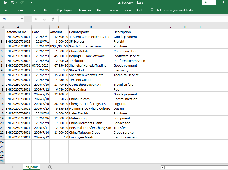 Original bank statement CSV