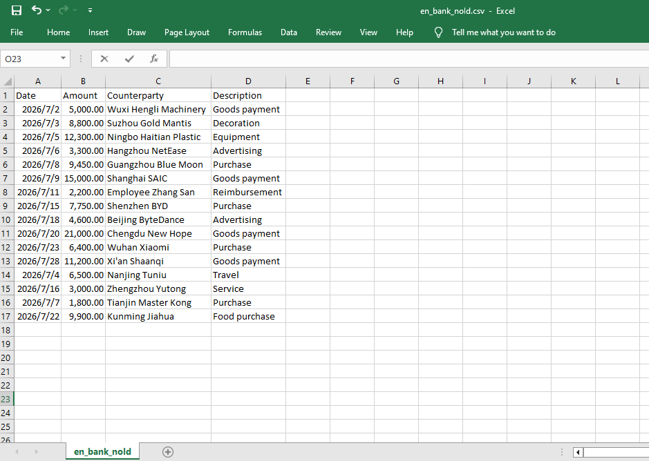 Original bank statement CSV