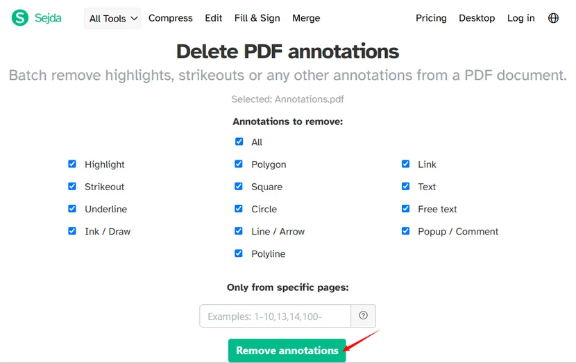 Sejda web interface with checkboxes for selecting annotation types to delete