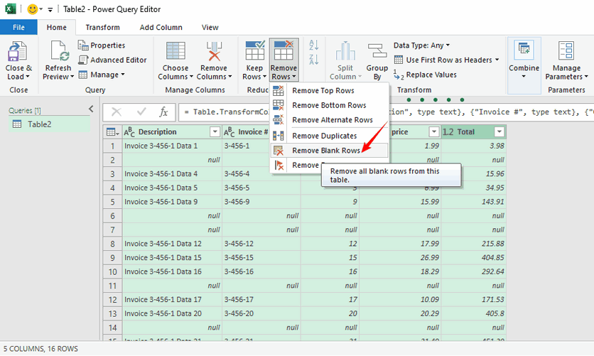 Leere Zeilen im Power Query-Editor entfernen.