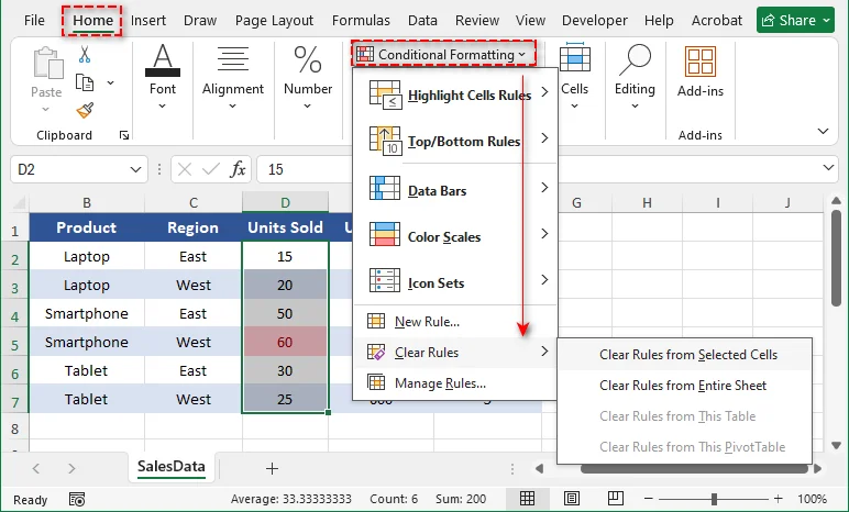Excel Clear Rules menu for removing conditional formatting
