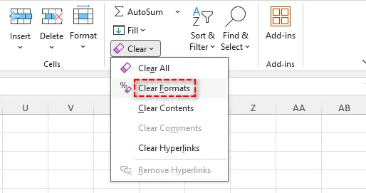 Excel Clear Formats option to remove conditional formatting and cell styles