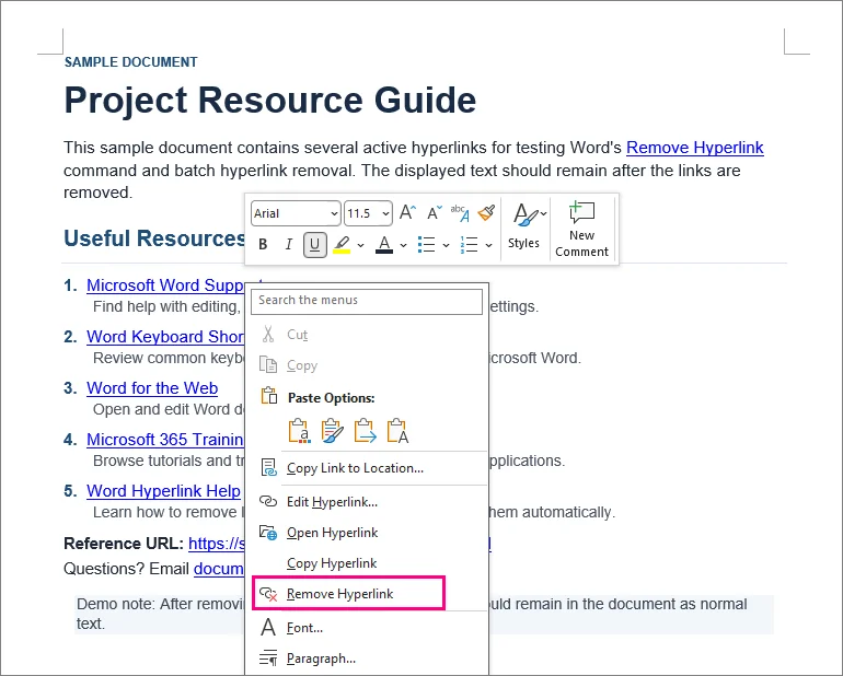Menú contextual de Microsoft Word mostrando el comando Quitar hipervínculo