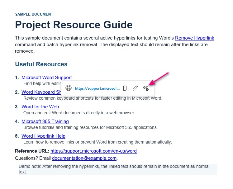 Barra de herramientas emergente de Word para la web mostrando el icono de desvincular para un hipervínculo