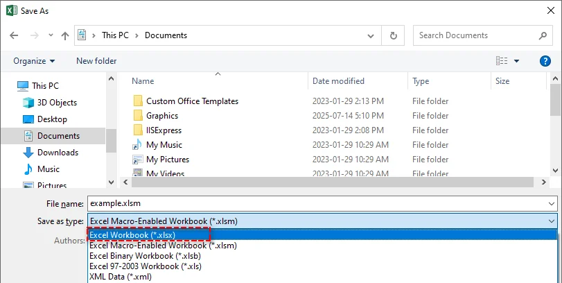 Seleccionar formato de libro de Excel