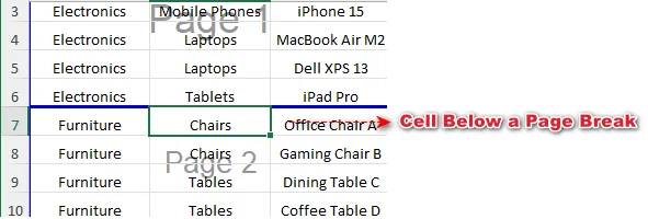Select a cell below a horizontal page break