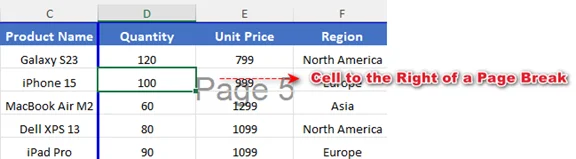 Select a cell to the right of a vertical page break