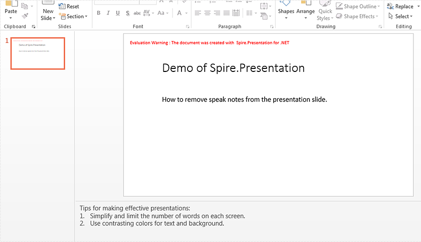 How to remove speaker notes from a presentation slide in C#