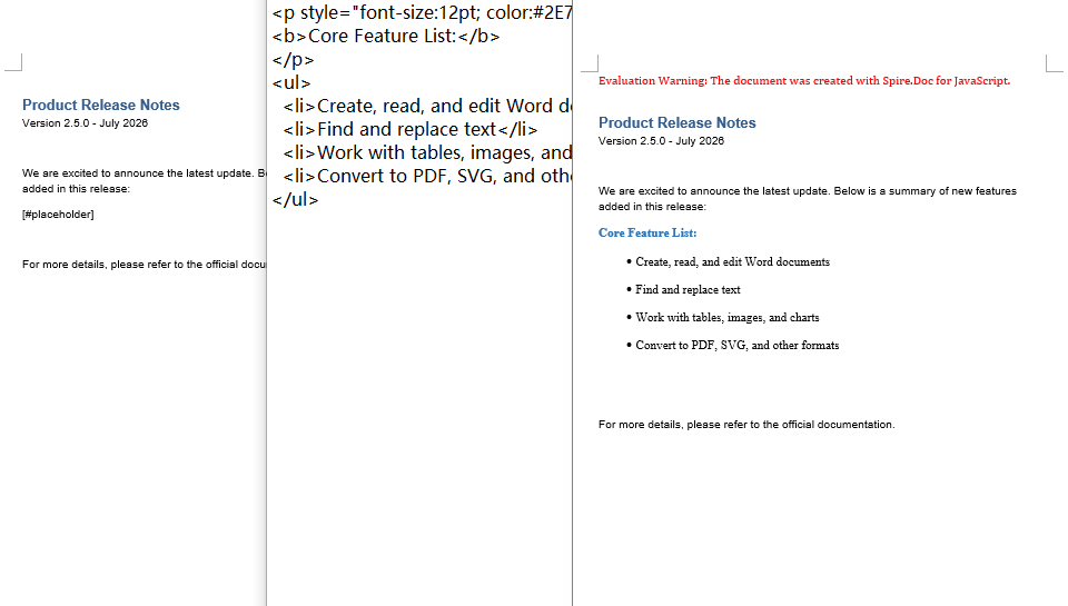 The [#placeholder] placeholders in the document are replaced with rich text content rendered from HTML