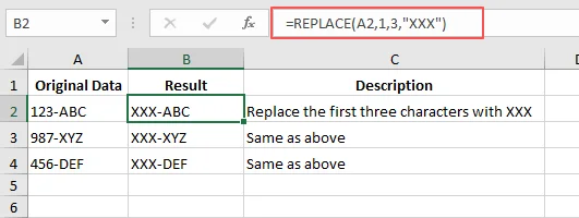 Screenshot showing the result after replacing text in Excel with the REPLACE function