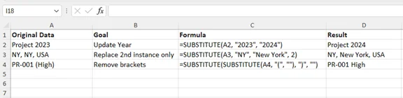 Screenshot showing the result after replacing text in Excel with the SUBSTITUTE function