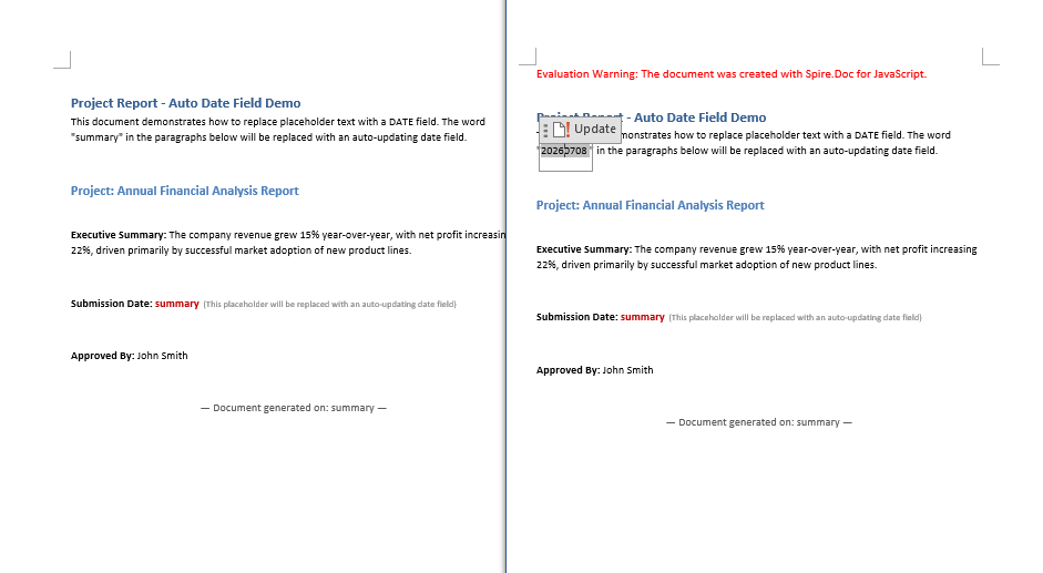 The target text is replaced with a DATE field that automatically displays the current system date when the document is opened