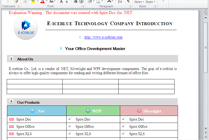 Replace text with table in a word document in C#