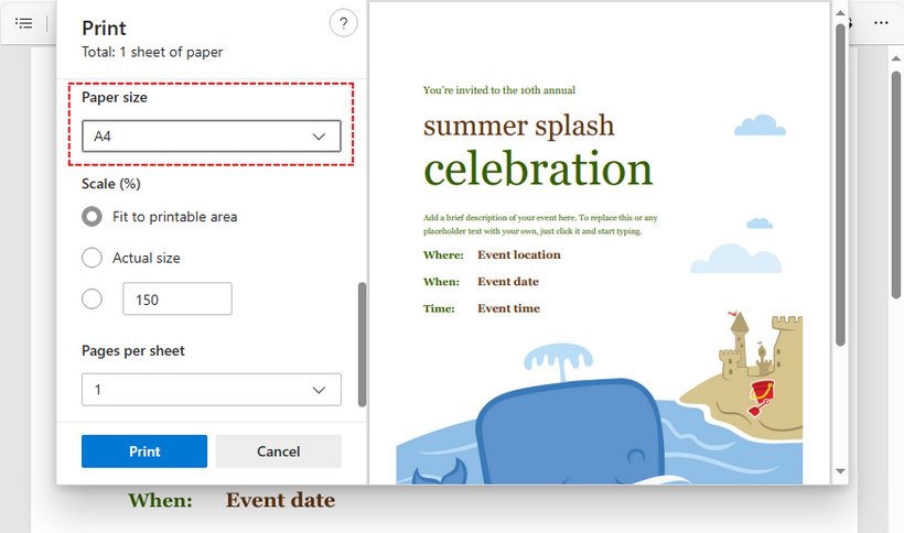 Cambiar el tamaño de la página PDF usando el diálogo de impresión de Windows