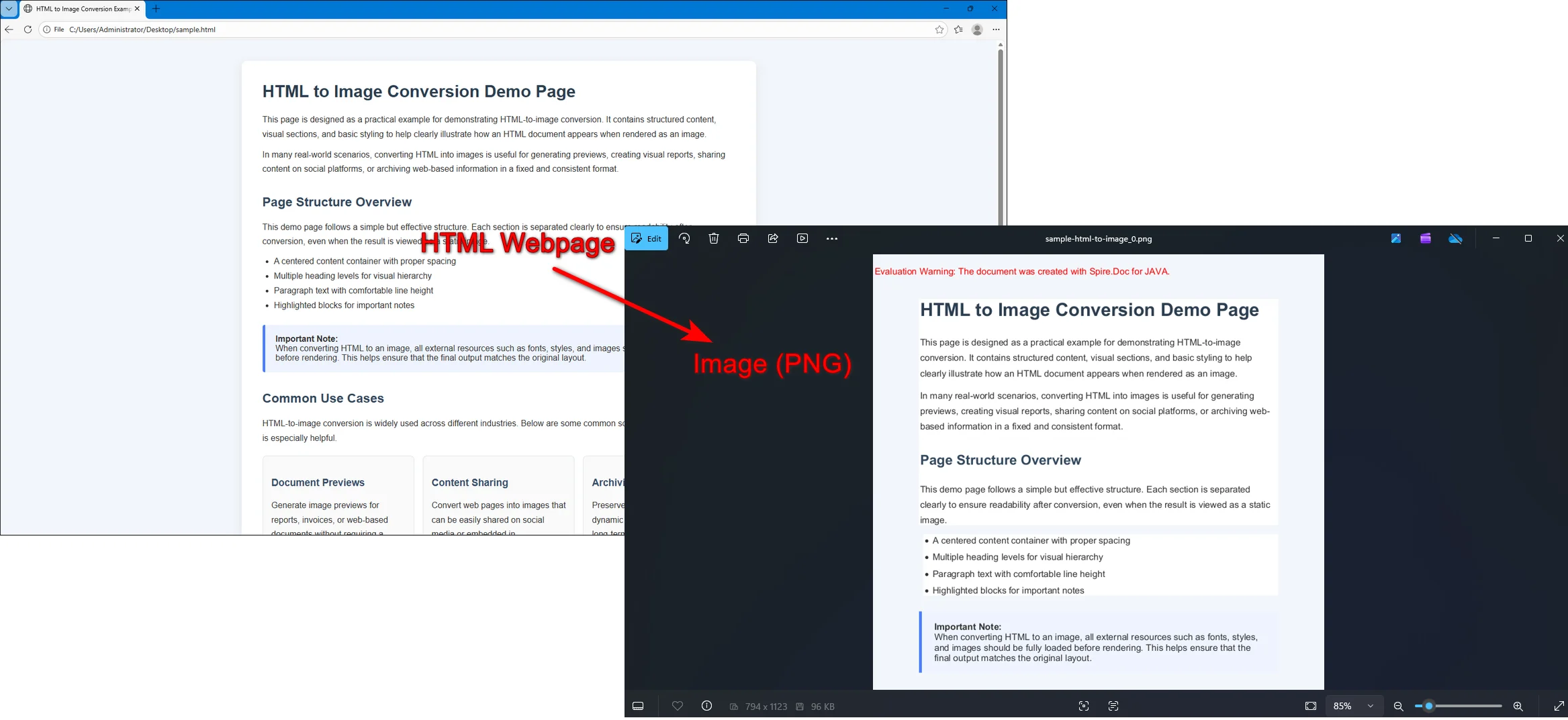 result page of converting html to image with spire doc
