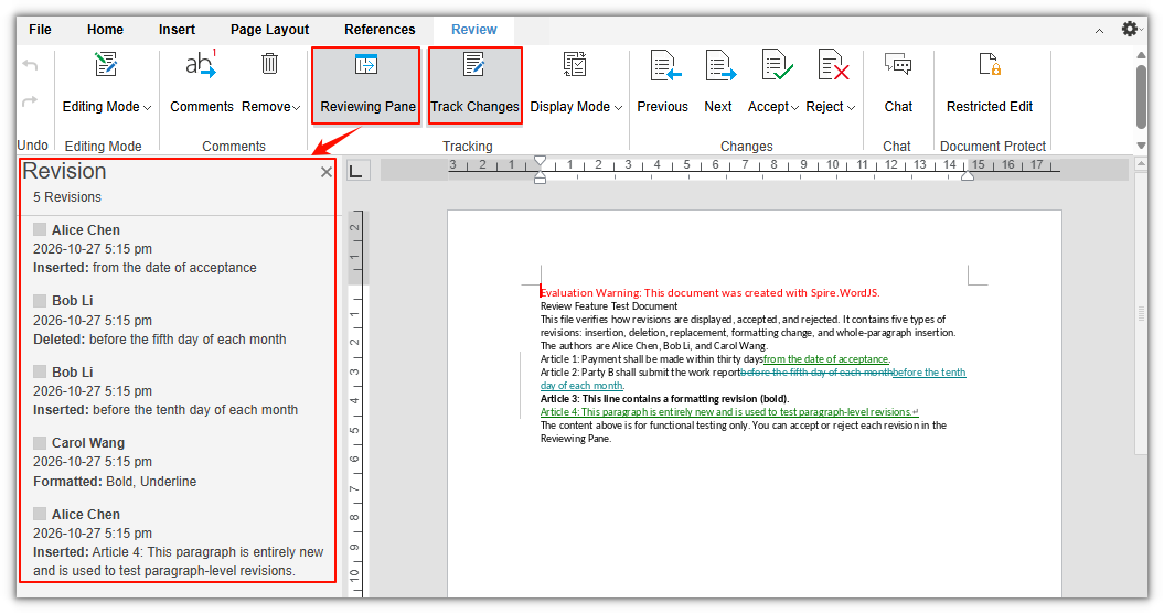 Track-changes state and reviewing pane