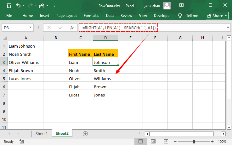 Excel RIGHT split text formula to extract the last name from cell A1