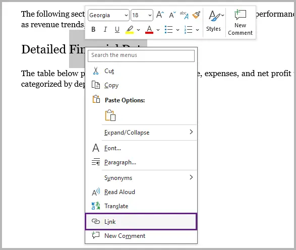 Right click on the selected text