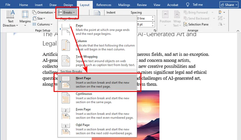 Word 문서에 구역 나누기 추가