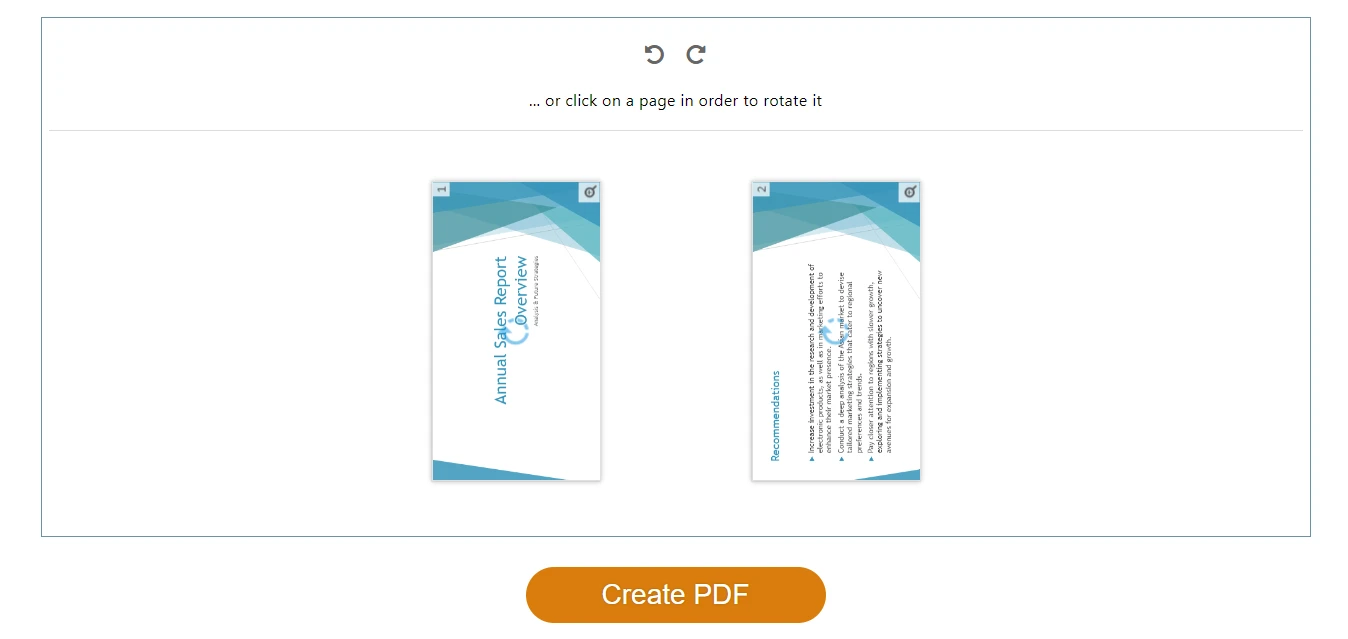 Free online PDF rotation tool showing upload, rotate buttons, and download
