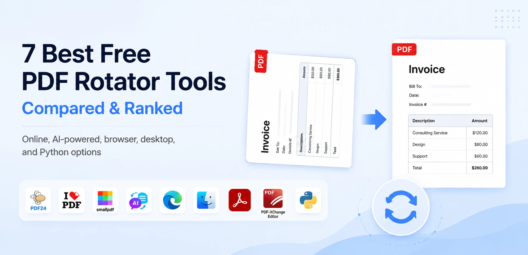 Overview of the best free PDF rotator tools: online, AI-powered, browser, desktop, and Python options