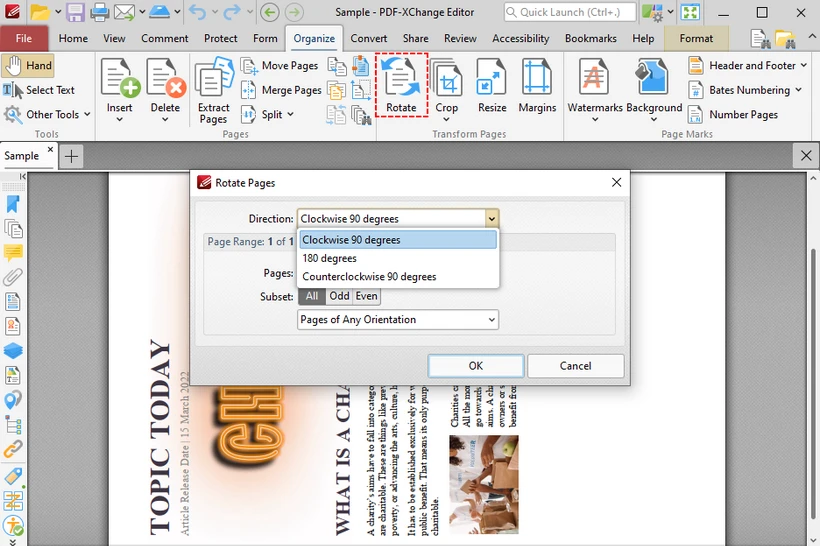 PDF-XChange Editor free version showing the Rotate Pages dialog with direction and page range options