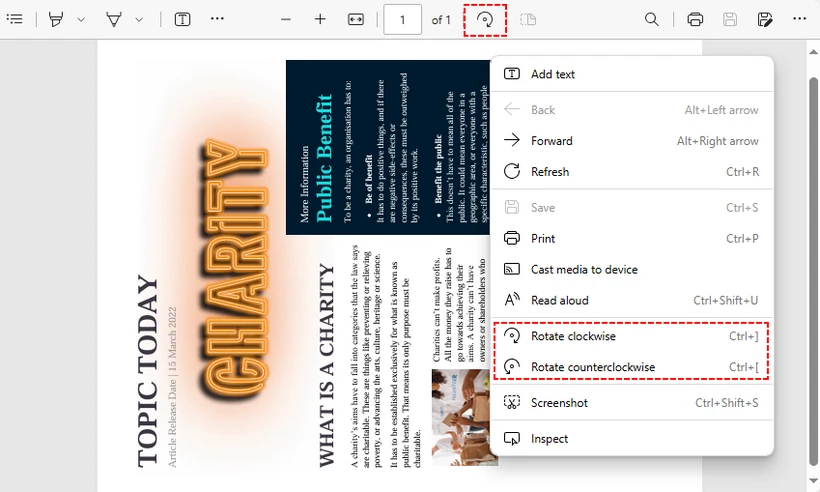 Microsoft Edge PDF viewer with the Rotate button highlighted in the toolbar
