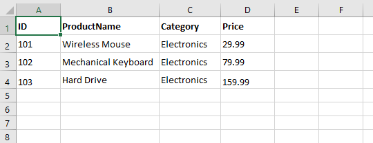Beispiel-Excel-Tabelle mit Produktdaten.