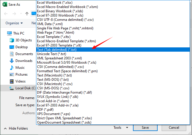 Save CSV file as a text file in MS Excel