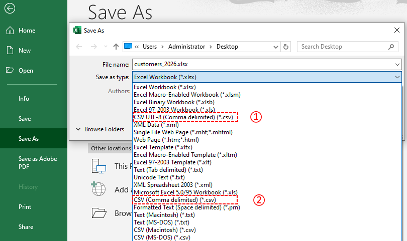 Caixa de diálogo Salvar como do Excel com formato CSV selecionado