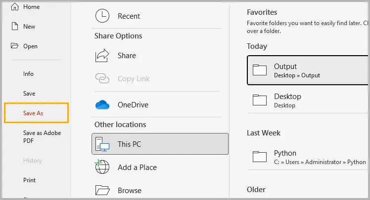 save as option in PowerPoint