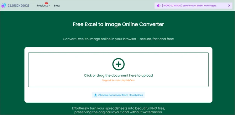 main interface of cloudxdocs online excel to image converter