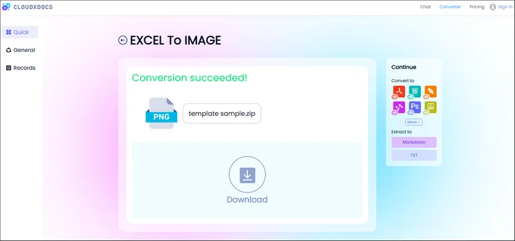 result screenshot of cloudxdocs online excel to image converter