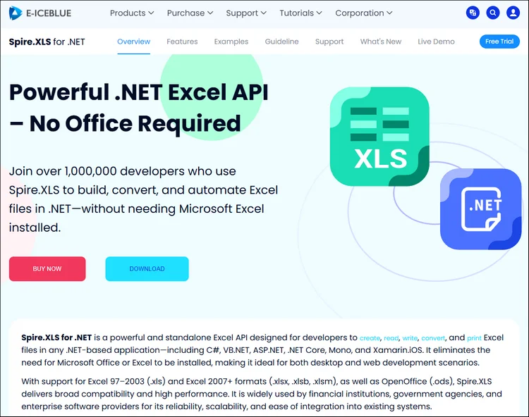 screenshot of the introduction page of spire.xls for .net