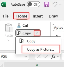 screenshot of saving excel tables as image format using ms copy as picture feature