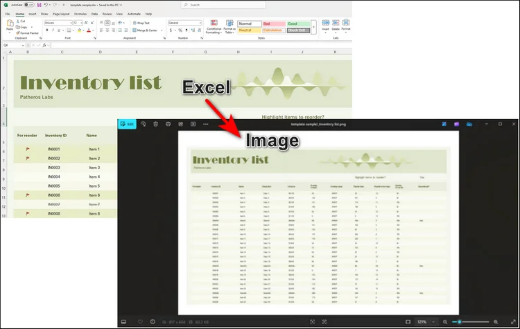 cover page of saving excel table as an image