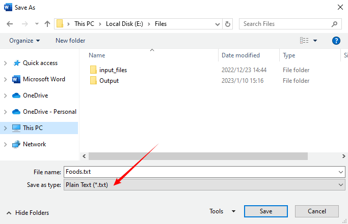 Save an HTML file to a text file using MS Word.